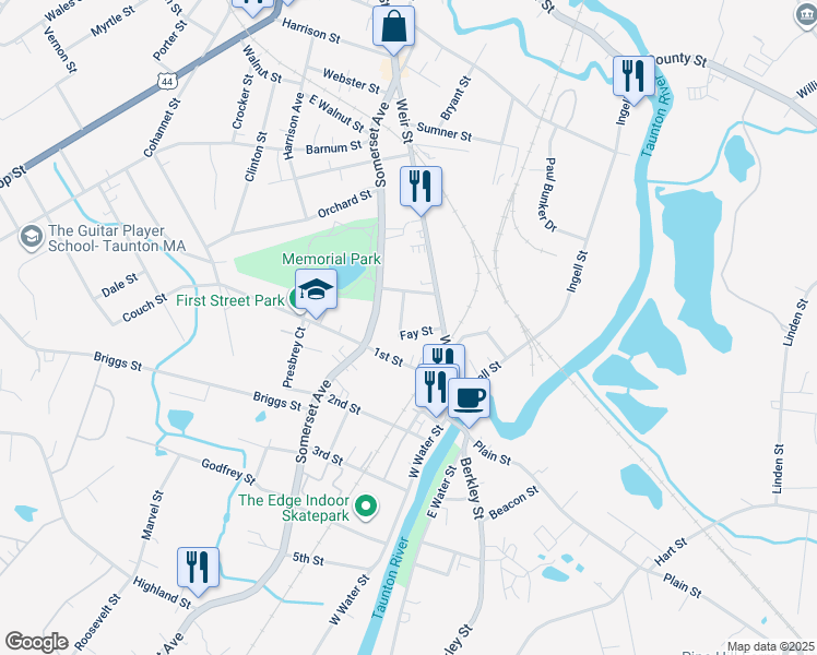 map of restaurants, bars, coffee shops, grocery stores, and more near 11 Fay Street in Taunton