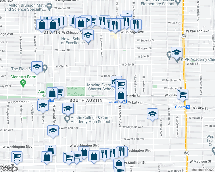 map of restaurants, bars, coffee shops, grocery stores, and more near 5258 West Ferdinand Street in Chicago