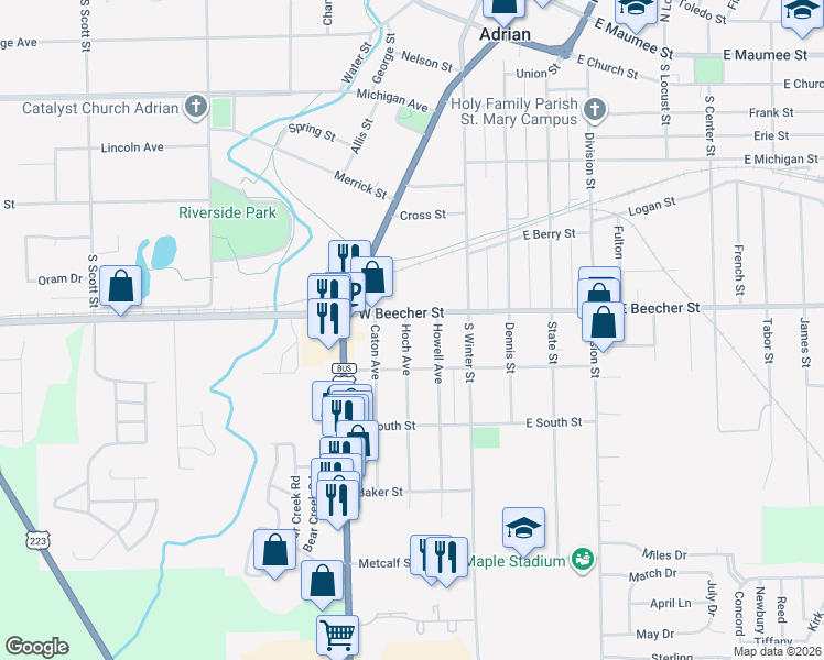 map of restaurants, bars, coffee shops, grocery stores, and more near 719 Hoch Avenue in Adrian