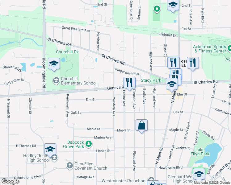 map of restaurants, bars, coffee shops, grocery stores, and more near 807 Western Avenue in Glen Ellyn