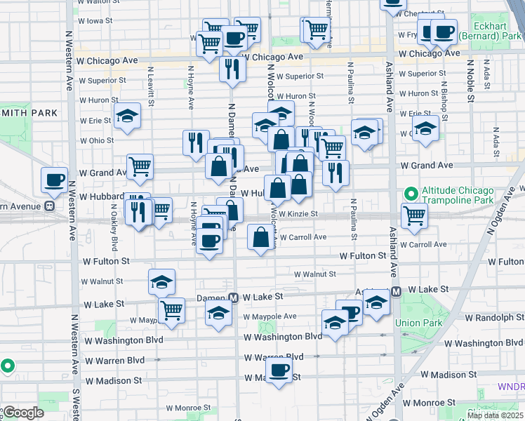 map of restaurants, bars, coffee shops, grocery stores, and more near 1900 West Kinzie Street in Chicago