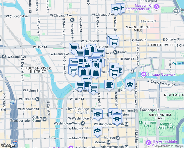map of restaurants, bars, coffee shops, grocery stores, and more near 113 West Kinzie Street in Chicago