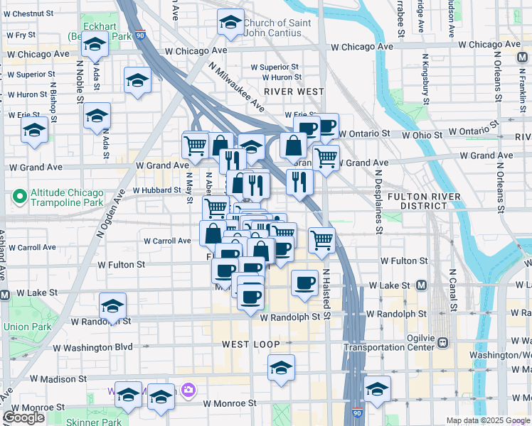 map of restaurants, bars, coffee shops, grocery stores, and more near 933 West Kinzie Street in Chicago