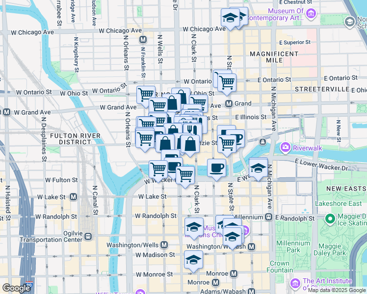 map of restaurants, bars, coffee shops, grocery stores, and more near 345 North LaSalle Street in Chicago