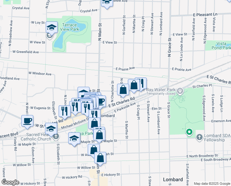 map of restaurants, bars, coffee shops, grocery stores, and more near 117 East Grove Street in Lombard