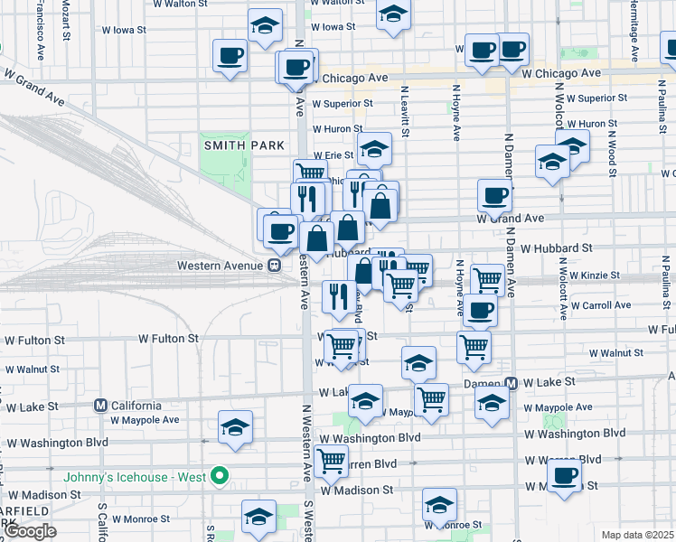 map of restaurants, bars, coffee shops, grocery stores, and more near 2321 West Hubbard Street in Chicago