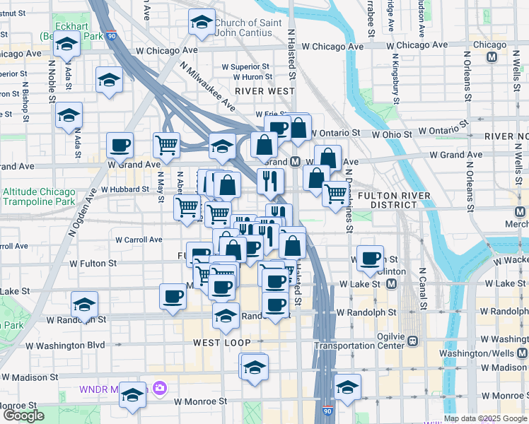 map of restaurants, bars, coffee shops, grocery stores, and more near 875 West Kinzie Street in Chicago