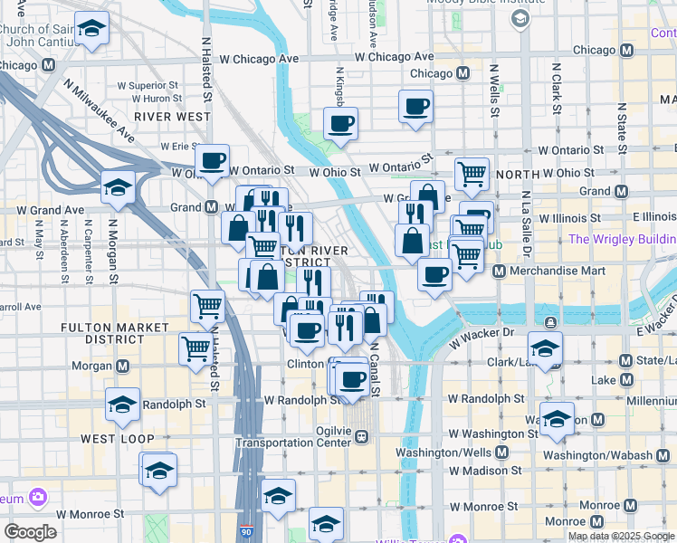 map of restaurants, bars, coffee shops, grocery stores, and more near 555 West Kinzie Street in Chicago