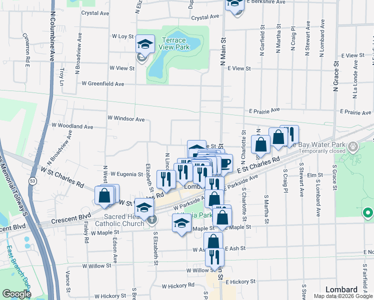 map of restaurants, bars, coffee shops, grocery stores, and more near 129 West Grove Street in Lombard