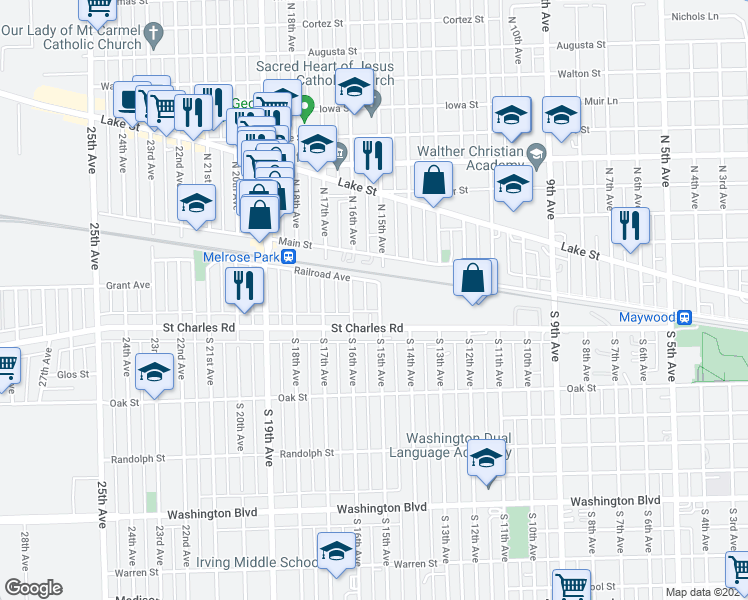 map of restaurants, bars, coffee shops, grocery stores, and more near 18 South 15th Avenue in Maywood