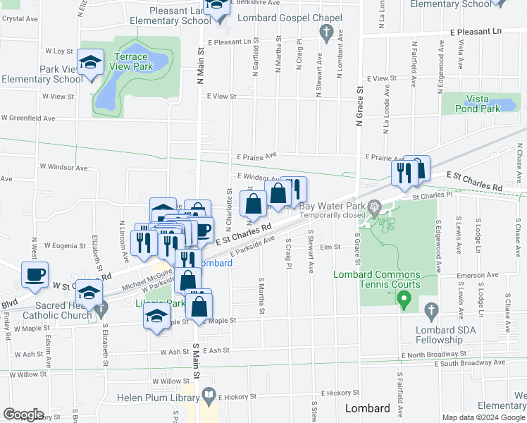 map of restaurants, bars, coffee shops, grocery stores, and more near 143 East Grove Street in Lombard