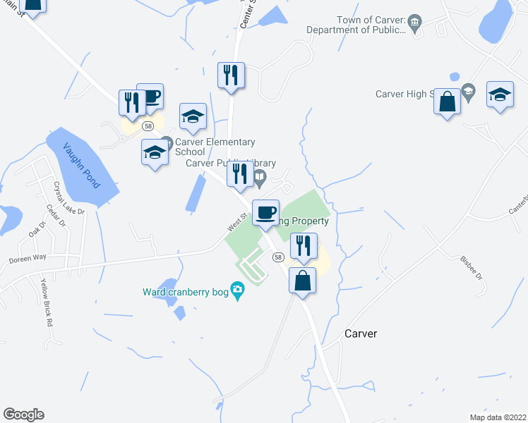 map of restaurants, bars, coffee shops, grocery stores, and more near 108 Main Street in Carver