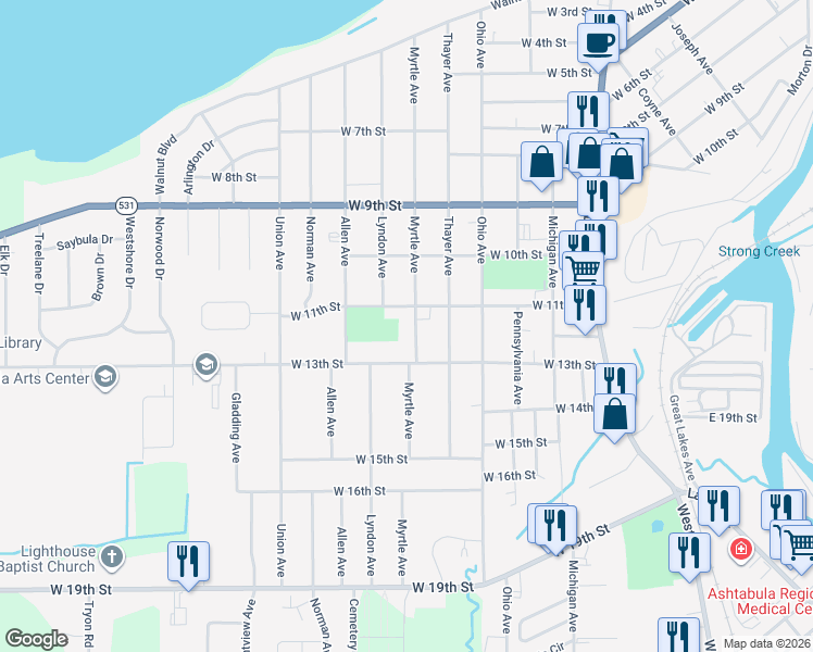 map of restaurants, bars, coffee shops, grocery stores, and more near 1121 Myrtle Ave in Ashtabula