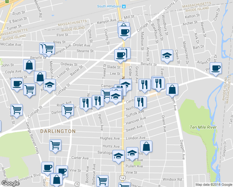 map of restaurants, bars, coffee shops, grocery stores, and more near 163 Chaplin Street in Pawtucket