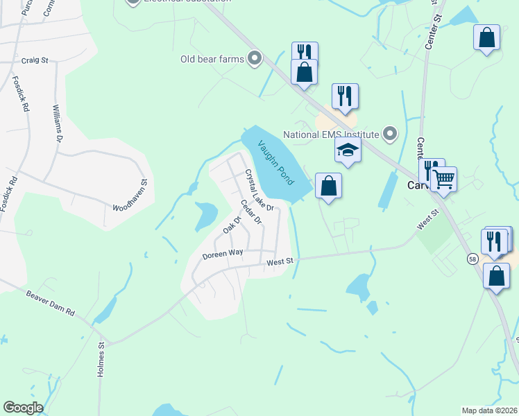 map of restaurants, bars, coffee shops, grocery stores, and more near 46A Crystal Lake Dr in Carver