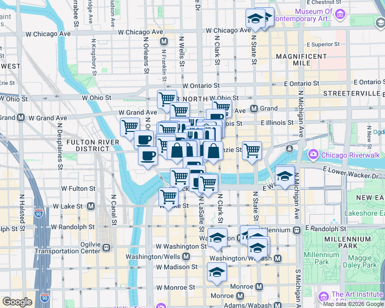 map of restaurants, bars, coffee shops, grocery stores, and more near 157 West Kinzie Street in Chicago