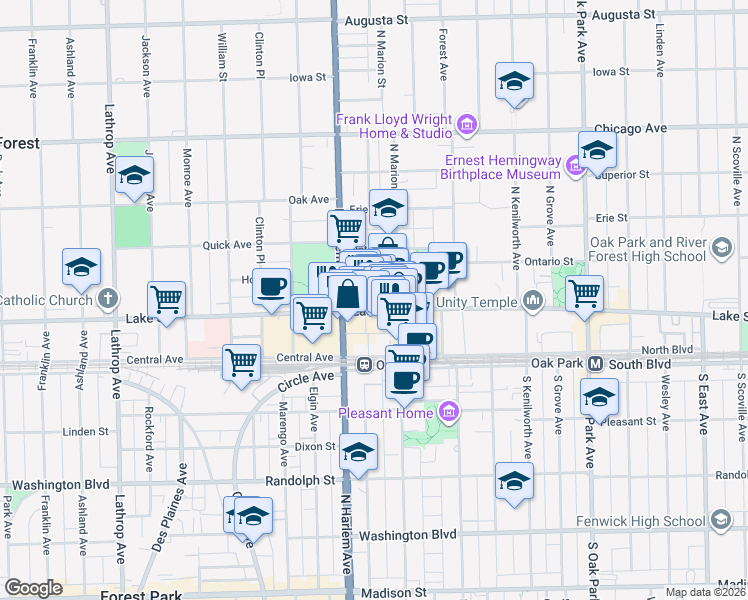 map of restaurants, bars, coffee shops, grocery stores, and more near 1124 Lake Street in Oak Park