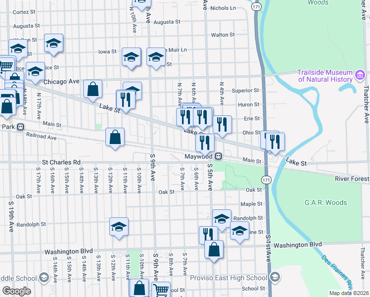 map of restaurants, bars, coffee shops, grocery stores, and more near 1 North 7th Avenue in Maywood