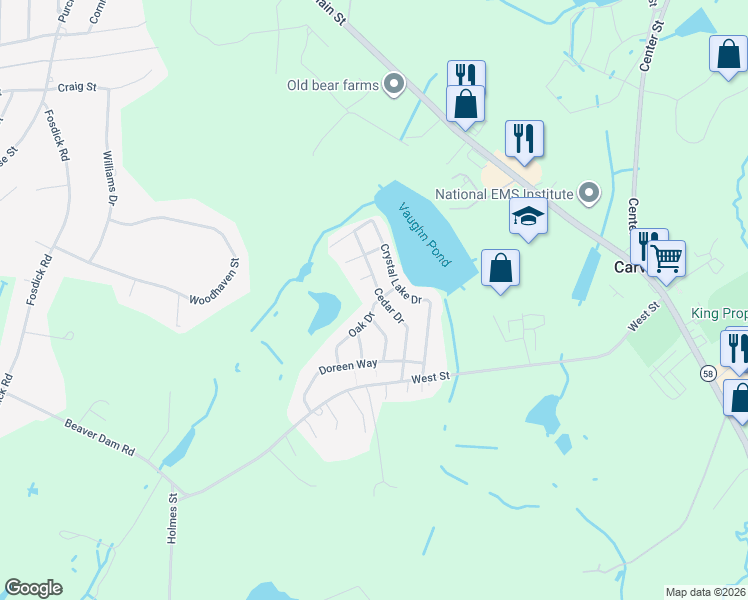 map of restaurants, bars, coffee shops, grocery stores, and more near 46 Cedar Drive in Carver