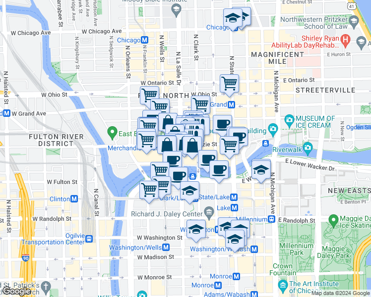 map of restaurants, bars, coffee shops, grocery stores, and more near 113 West Kinzie Street in Chicago