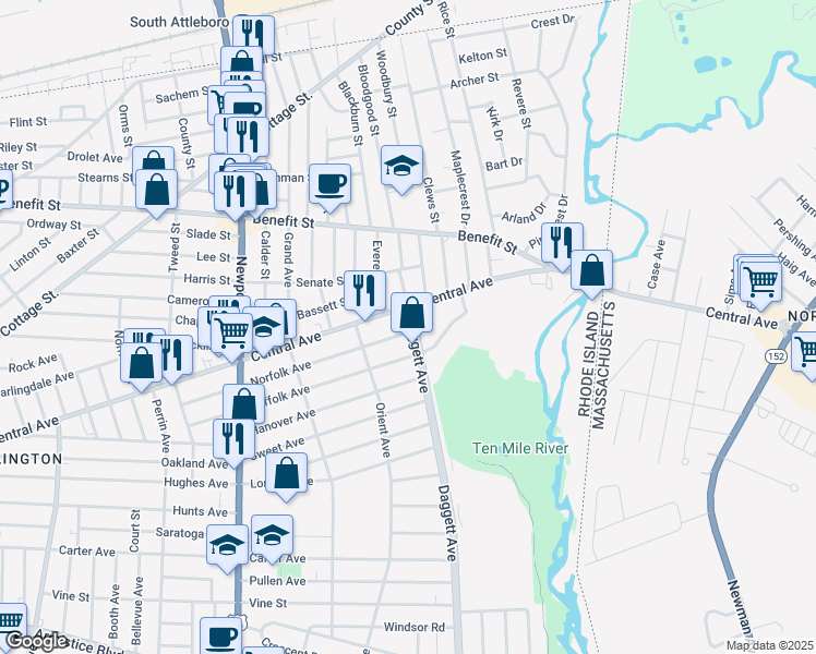 map of restaurants, bars, coffee shops, grocery stores, and more near 540 Daggett Avenue in Pawtucket