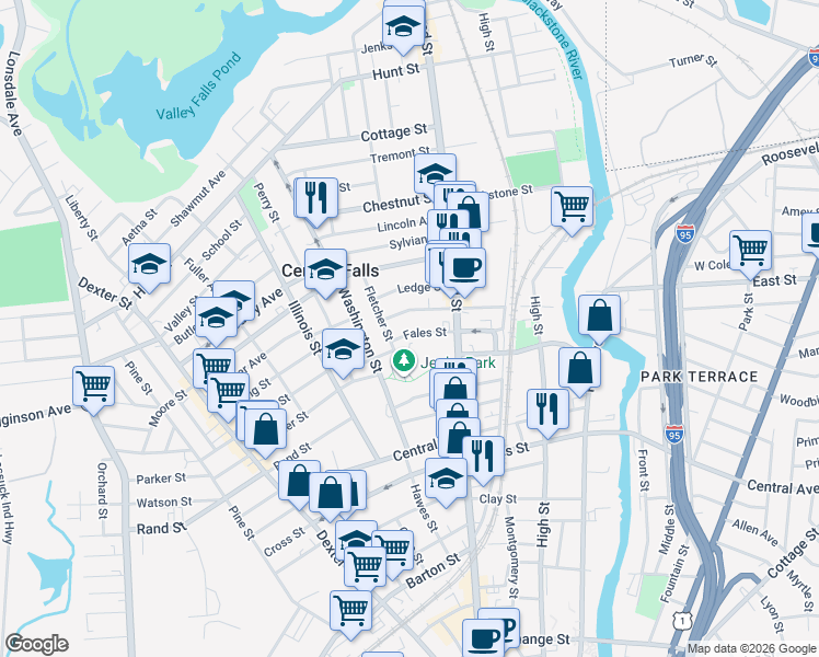 map of restaurants, bars, coffee shops, grocery stores, and more near 69 Fales Street in Central Falls