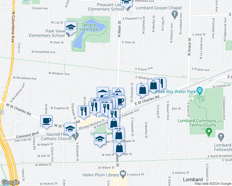 map of restaurants, bars, coffee shops, grocery stores, and more near 5 West Grove Street in Lombard