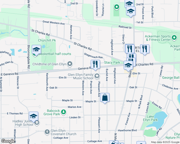 map of restaurants, bars, coffee shops, grocery stores, and more near 426 Elm Street in Glen Ellyn