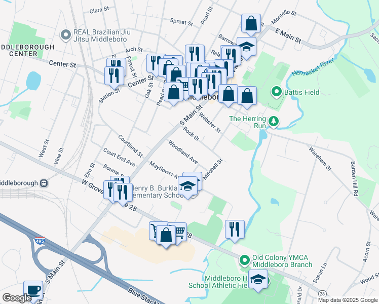 map of restaurants, bars, coffee shops, grocery stores, and more near 4 Woodland Avenue in Middleborough