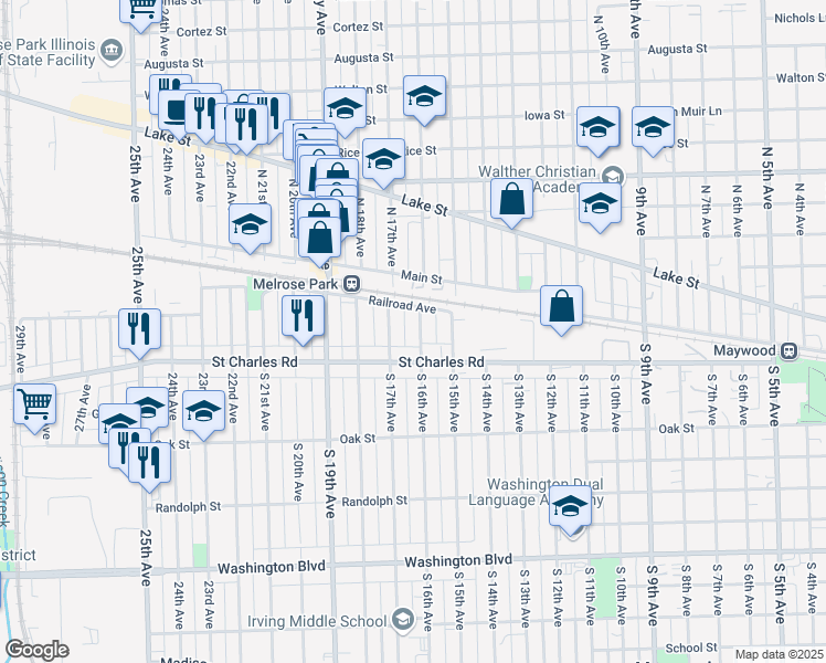 map of restaurants, bars, coffee shops, grocery stores, and more near 20 South 16th Avenue in Maywood