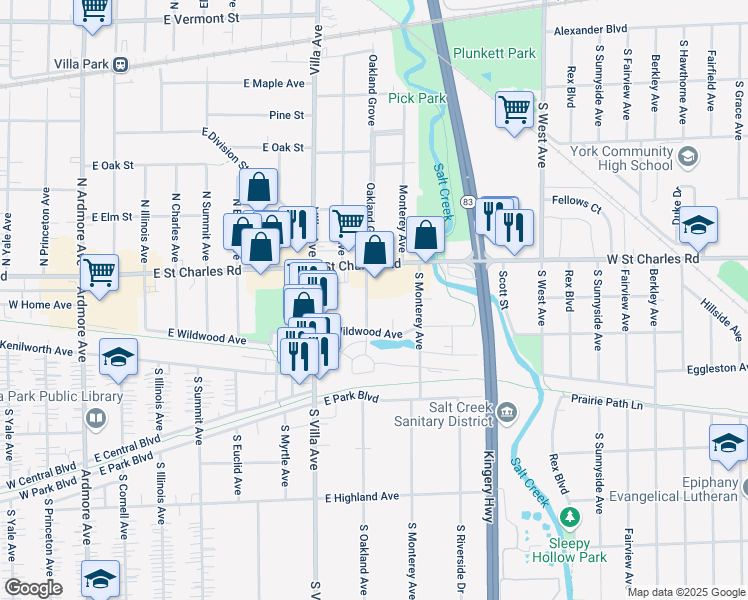 map of restaurants, bars, coffee shops, grocery stores, and more near 31 South Oakland Avenue in Villa Park
