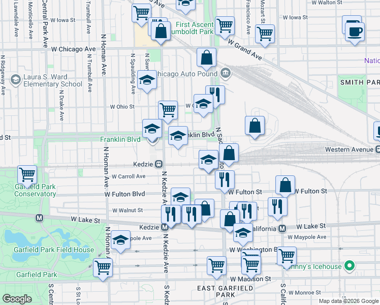 map of restaurants, bars, coffee shops, grocery stores, and more near 3012 North Albany Avenue in Chicago