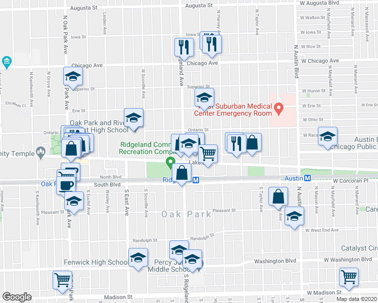 map of restaurants, bars, coffee shops, grocery stores, and more near 140 North Ridgeland Avenue in Oak Park
