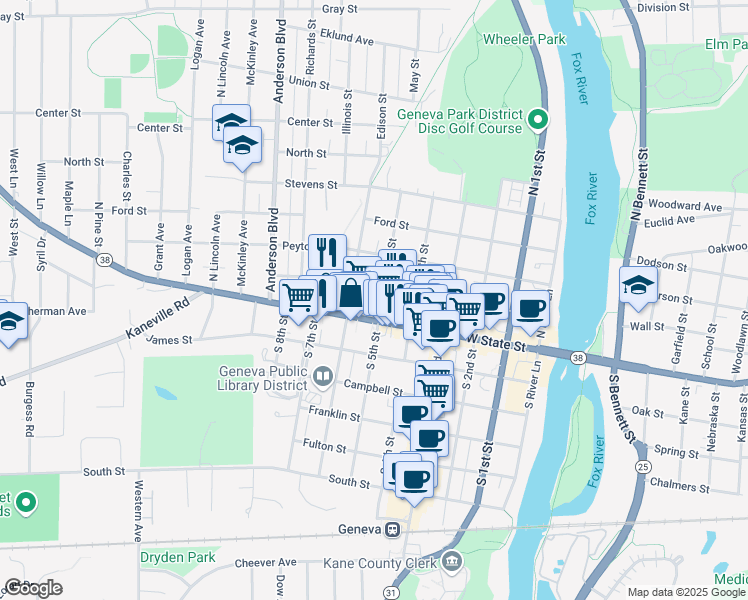 map of restaurants, bars, coffee shops, grocery stores, and more near 18 N 5th St in Geneva