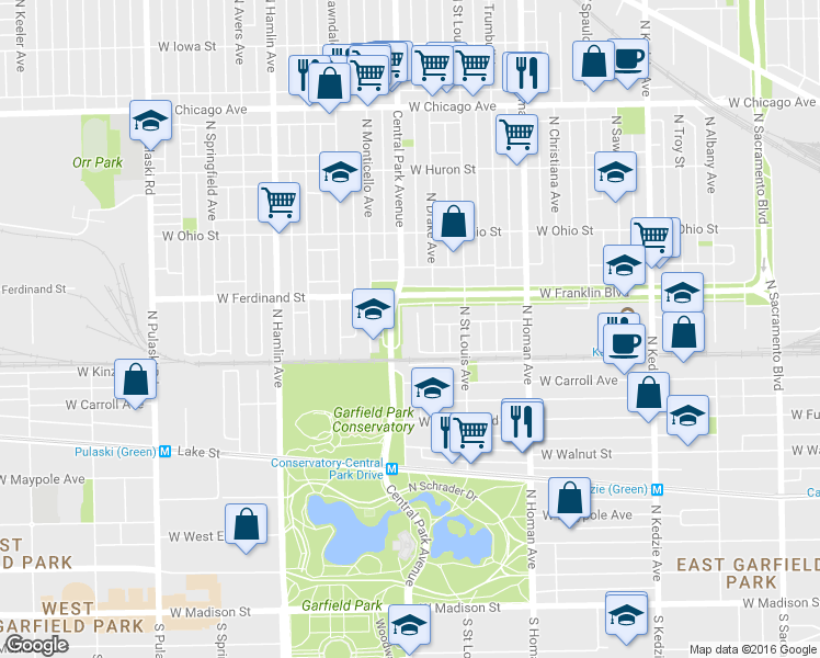 map of restaurants, bars, coffee shops, grocery stores, and more near 427 North Central Park Avenue in Chicago