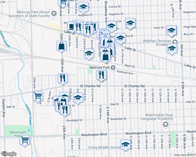 map of restaurants, bars, coffee shops, grocery stores, and more near 34 South 20th Avenue in Maywood