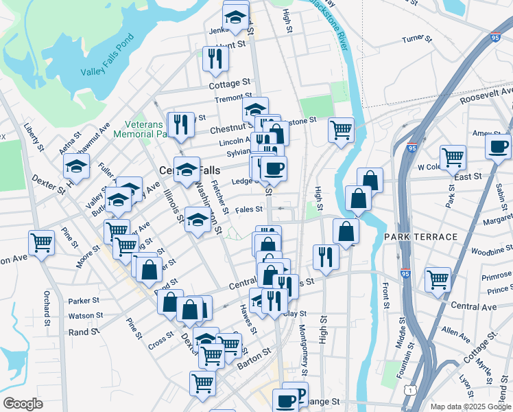 map of restaurants, bars, coffee shops, grocery stores, and more near 45 Fales St in Central Falls