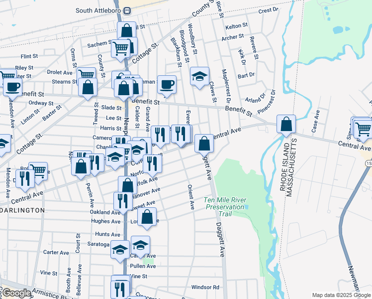 map of restaurants, bars, coffee shops, grocery stores, and more near 887 Central Avenue in Pawtucket