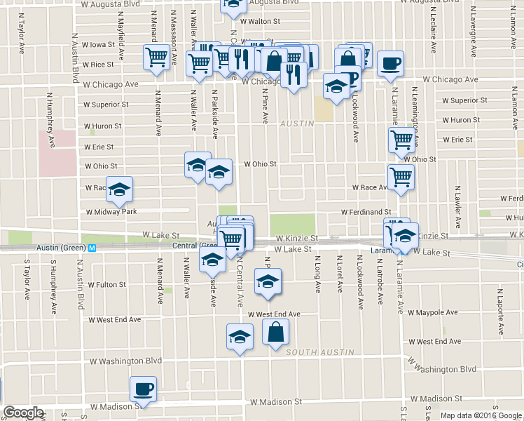 map of restaurants, bars, coffee shops, grocery stores, and more near 440 North Pine Avenue in Chicago