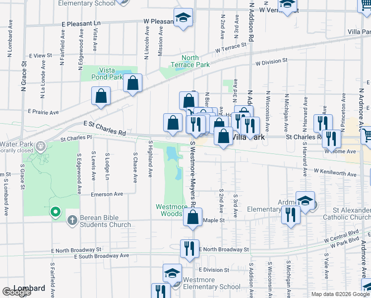 map of restaurants, bars, coffee shops, grocery stores, and more near 16 South Westmore-Meyers Road in Lombard