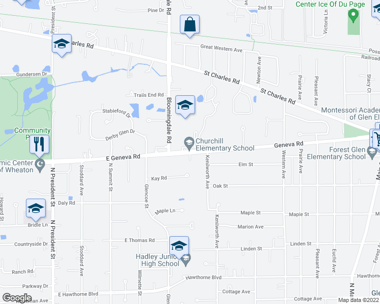 map of restaurants, bars, coffee shops, grocery stores, and more near Geneva Road in Wheaton