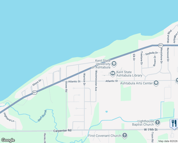 map of restaurants, bars, coffee shops, grocery stores, and more near 3808 Lake Road West in Ashtabula