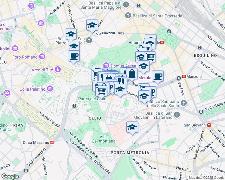map of restaurants, bars, coffee shops, grocery stores, and more near 29a Via dei SS. Quattro in Roma