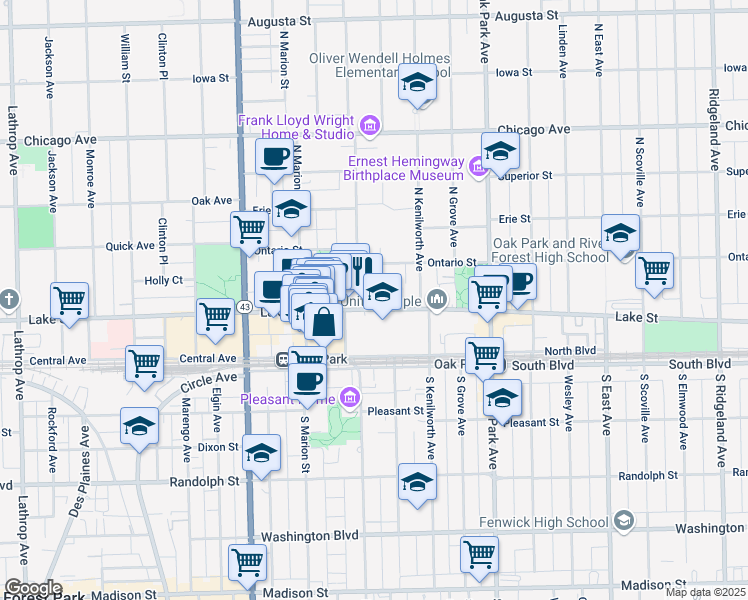 map of restaurants, bars, coffee shops, grocery stores, and more near 954 Lake Street in Oak Park