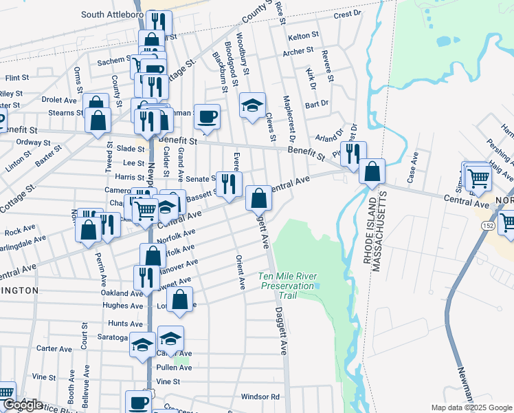 map of restaurants, bars, coffee shops, grocery stores, and more near 540 Daggett Avenue in Pawtucket