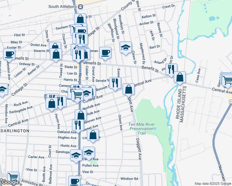 map of restaurants, bars, coffee shops, grocery stores, and more near 887 Central Avenue in Pawtucket