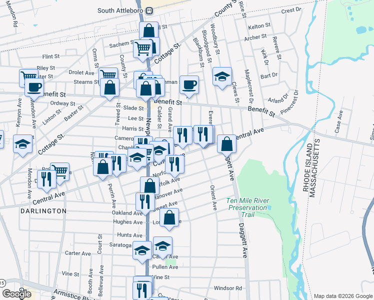 map of restaurants, bars, coffee shops, grocery stores, and more near 856 Central Avenue in Pawtucket
