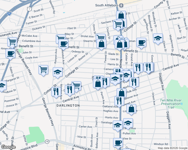map of restaurants, bars, coffee shops, grocery stores, and more near 99 Chaplin Street in Pawtucket
