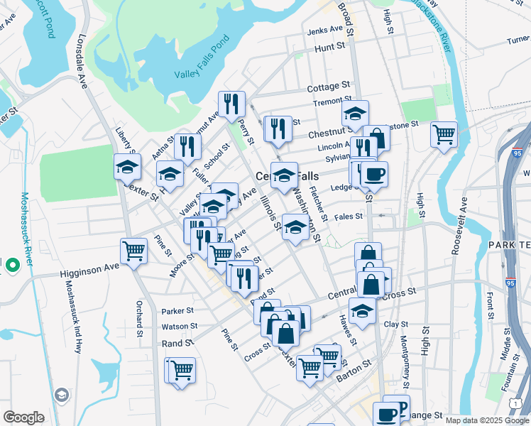 map of restaurants, bars, coffee shops, grocery stores, and more near 250 Cowden Street in Central Falls