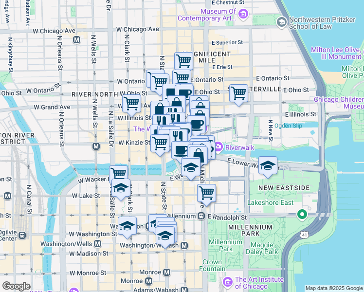 map of restaurants, bars, coffee shops, grocery stores, and more near 1782 East Kinzie Street in Chicago